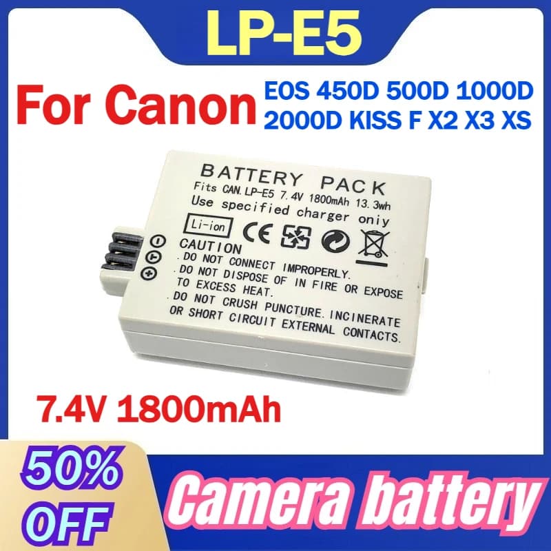 Batteria 7.4V 1800mAh LP-E5 LPE5 con Caricatore USB Type-C per Canon EOS 450D 500D 1000D 2000D KISS F X2 X3 XS