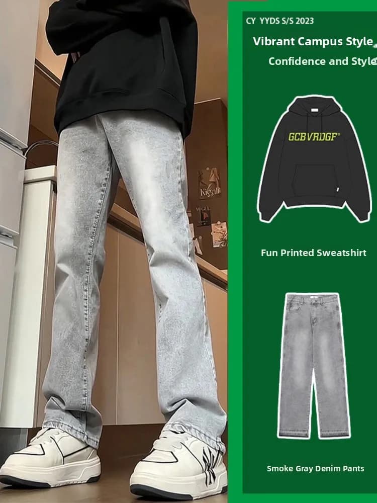 American Style Smoke Grey Straight Leg Men's Jeans Cleanfit Trendy Streetwear Casual Cotton Polyester Blend Wear Resistant