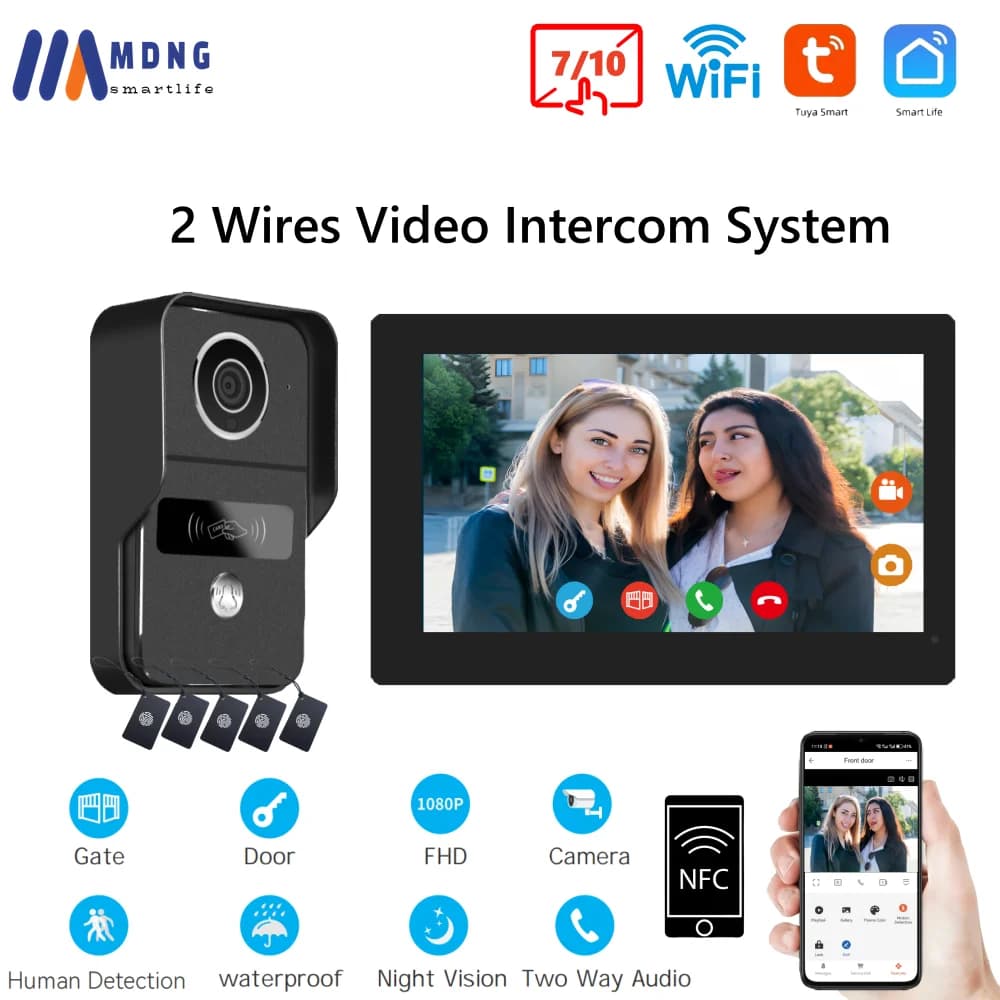 1080P Tuya Smart campanello telecamera videocitofono domestico Wifi 2 fili 7/10 pollici sistema videocitofonico wireless 5 in 1 sblocco NFC