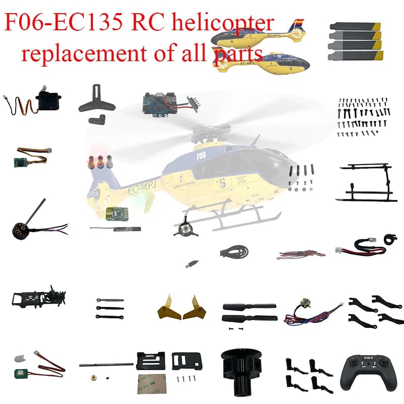 F06-EC135 Sostituzione dell'elicottero RC di tutte le parti, motori, servi, piastre ricevitori, involucri, carrello di atterraggio, eliche, LED, ecc.