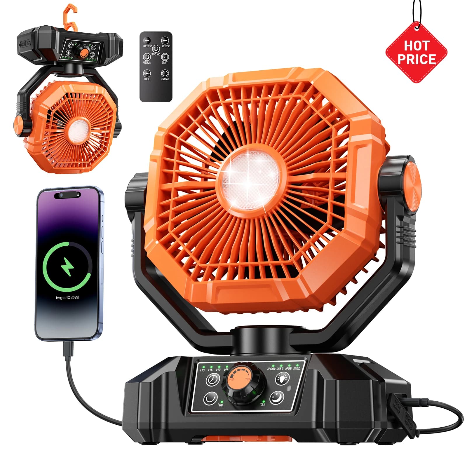 Camping Fan 20000mAh with LED Lantern, 8 Speed Table Fan with Remote Control, External Portable Fan with Tent Hook, Current Interruptions, Shipyard