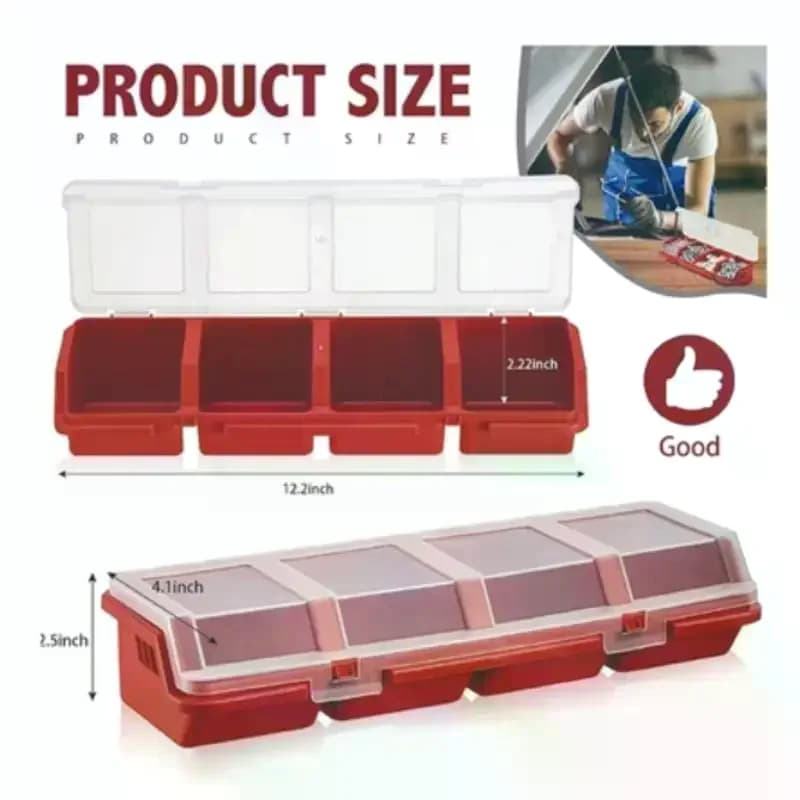 Scatola Organizzatrice per Viti in Plastica con 4 Scomparti e Coperchio Sicuro, Blu Rosso Nero, per Conservazione Utensili da Officina