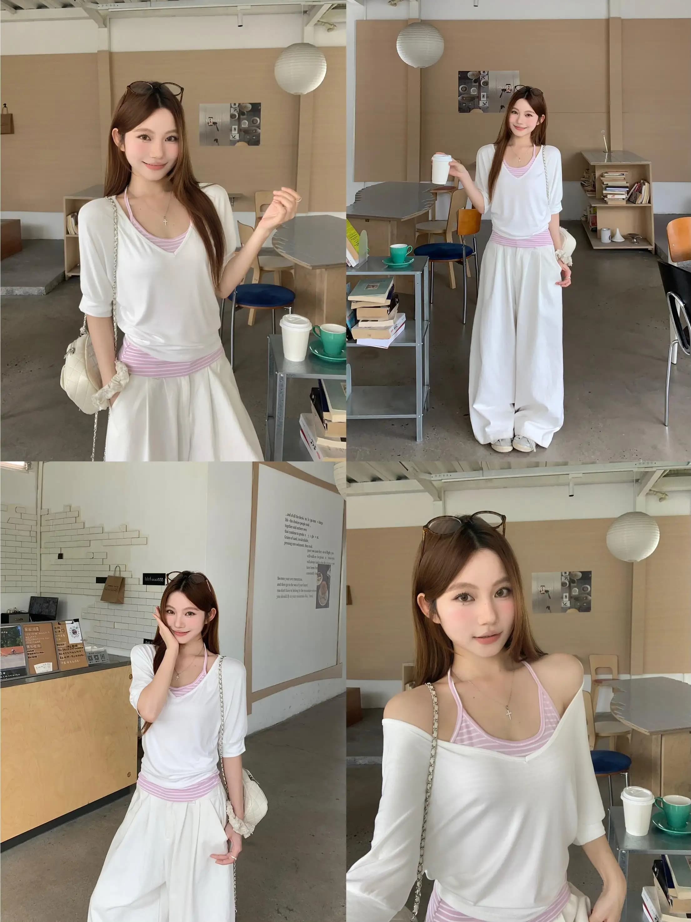 Completo due pezzi da donna stile coreano, nuova collezione estate 2026, composto da t-shirt a maniche corte con scollo a V e top a righe con cinturino da collo, ideale per il commuting.