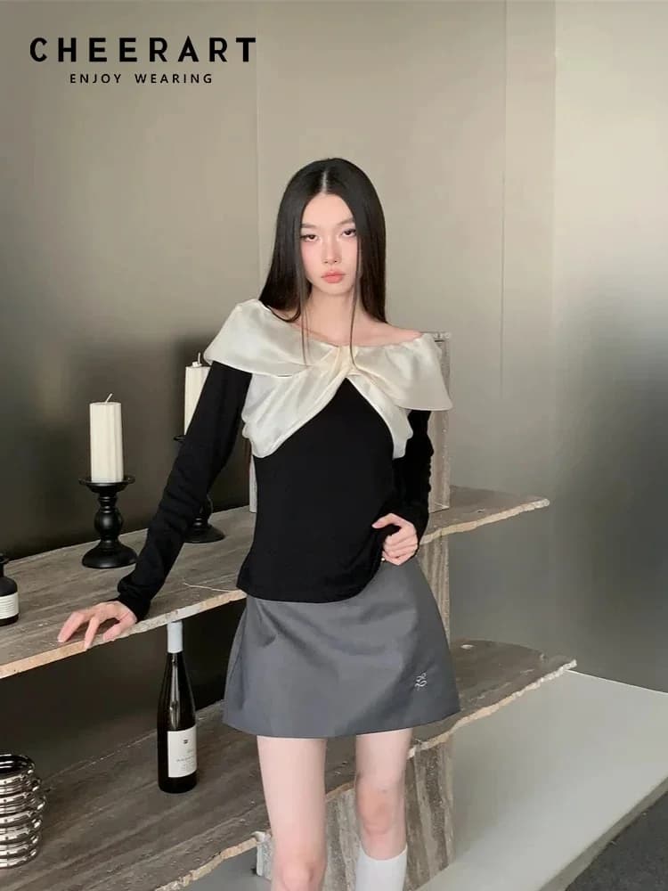 CHEERART Designer 2025 Autunno Maglia Top Camicetta a maniche lunghe Donna Papillon Maglieria nera Moda carina Top Abbigliamento