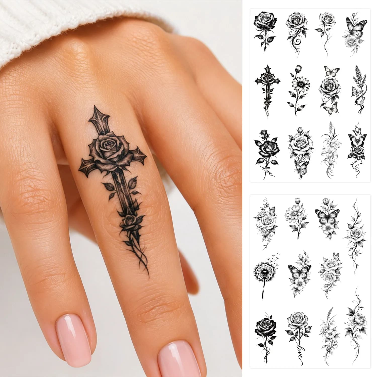 Piccoli Tatuaggi Temporanei Semi-Permanenti per Donne - 2 Fogli di Tatuaggi Floreali per Adulti, Impermeabili e Realistici, Tatuaggi Finti per Dita