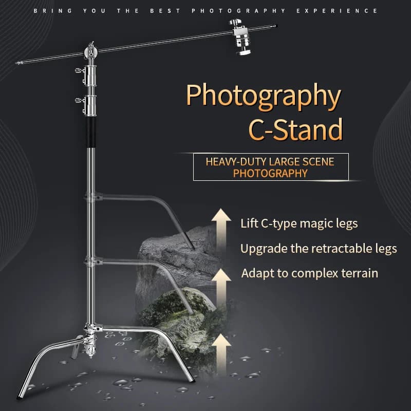Support for photography with stainless steel C support with fastening arm and head with handle, max height updated 260 cm with an adjustable magic leg