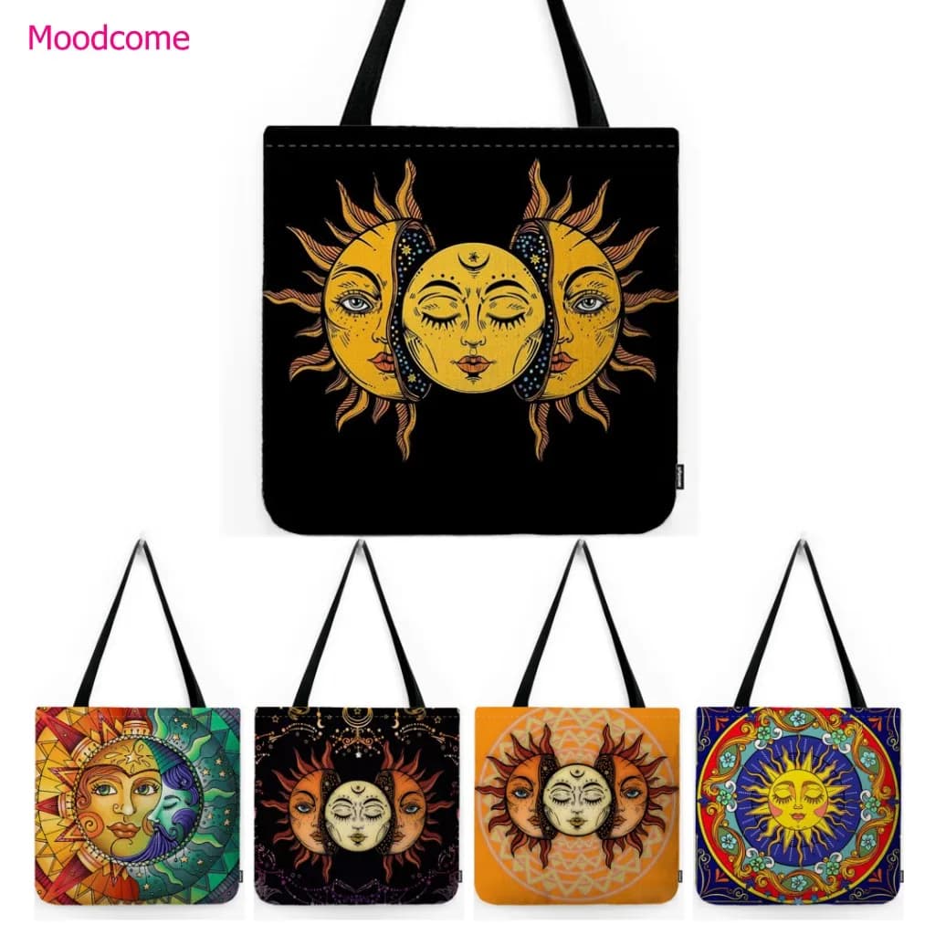 Carta dei tarocchi nero scuro Sun Moon Borsa alla moda in cotone e lino resistente all'acqua Borsa grande per la spesa