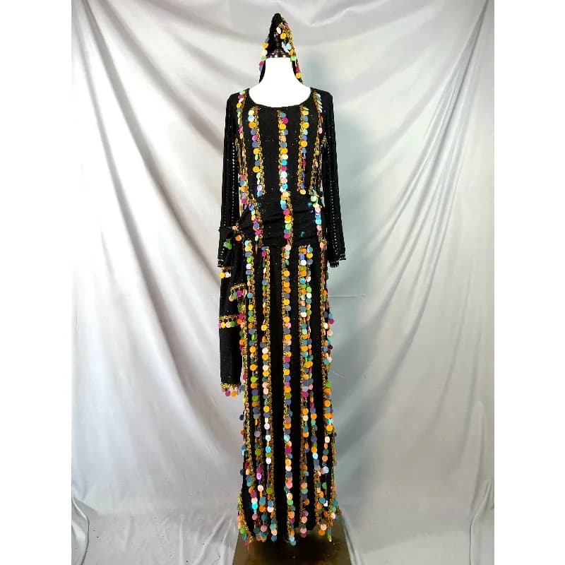 Customized Belly Dance Robe Performance Dress with Diamond Set Eastern Dance Costumes Baladi Saidi Jumpsuit Headscarf Belt