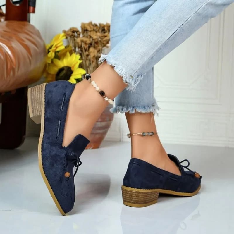 Womens Loafers Pointed Toe Low Heel Suede-Look Upper Finish Bow Bead Accent Slip-On Casual Daily Footwear Office Walking Shoes