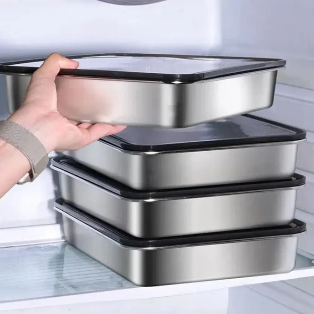 Stainless Steel Fresh-keeping Box Rectangular Non-stick Bottom Food Storage Tray Large Size with Plastic Lid Prep Meal Tray