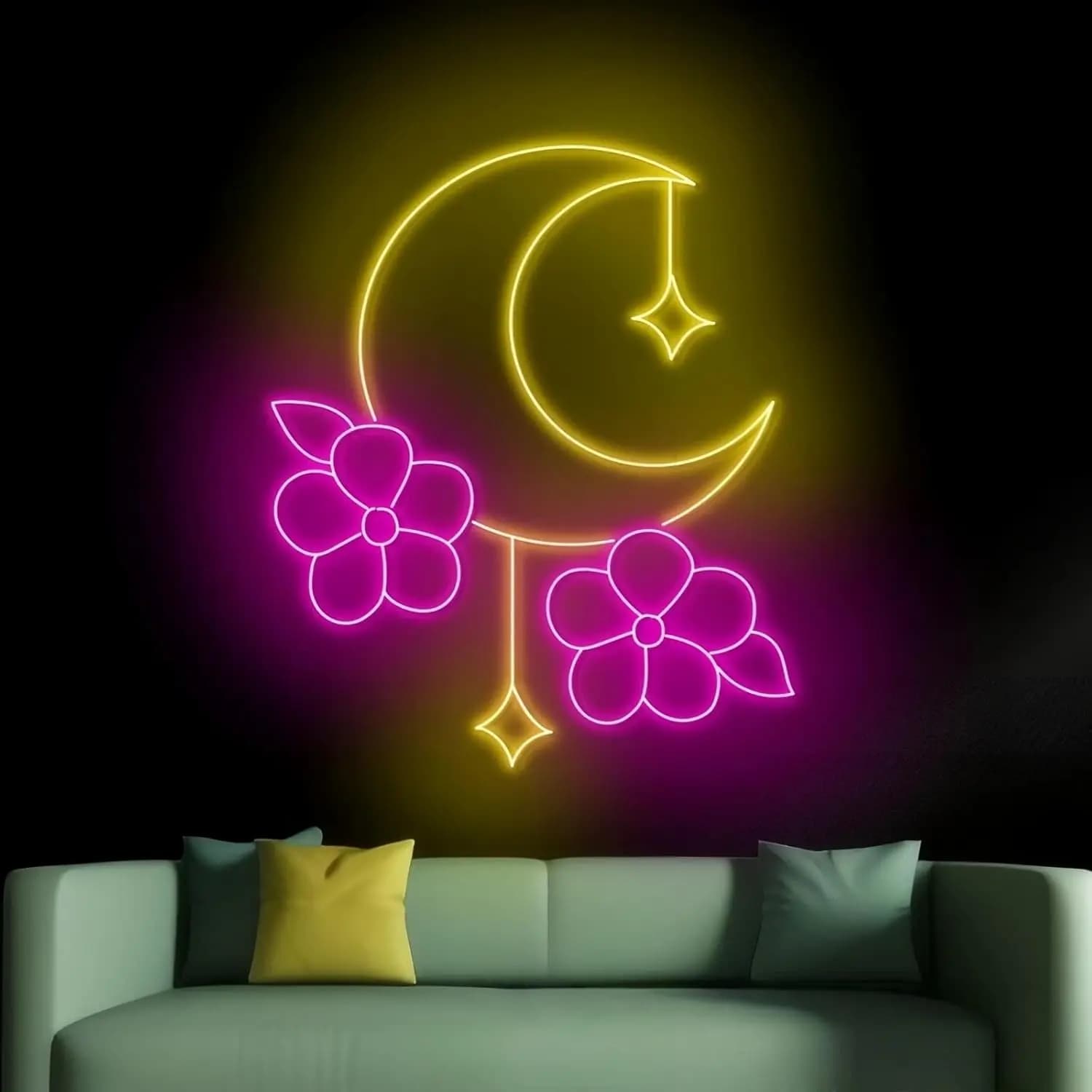 Luce al neon LED USB con motivo a fiori di ciliegio e segno lunare, in forma di cuore, per camera da letto, sala giochi, feste, bar, club, casa, negozio, decorazione, regalo