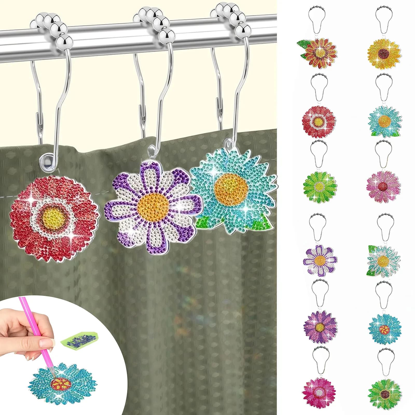12 set di pittura diamante fai da te, anelli per tende da doccia a tema floreale, adatti per la decorazione di bagno e camera da letto.