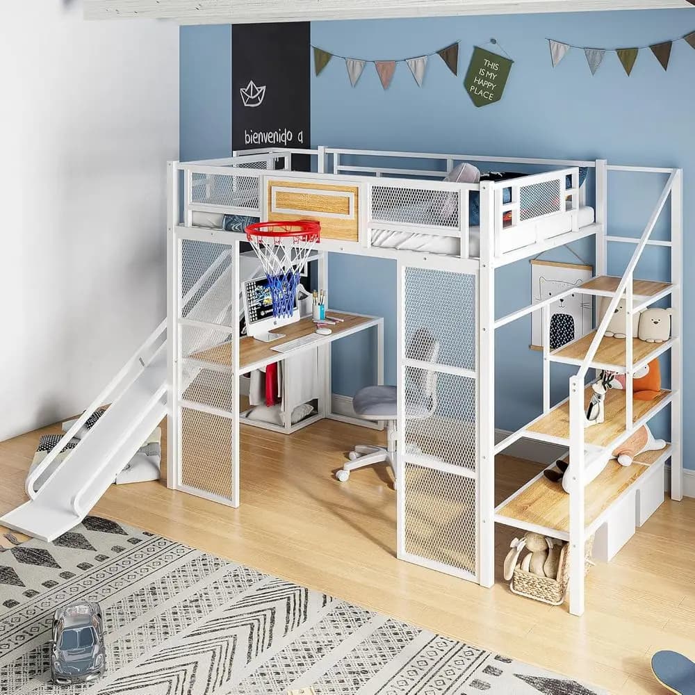 Natural-size loft bed with desk, stairs, storage shelves, basketball basket, quiet, no spring net, white
