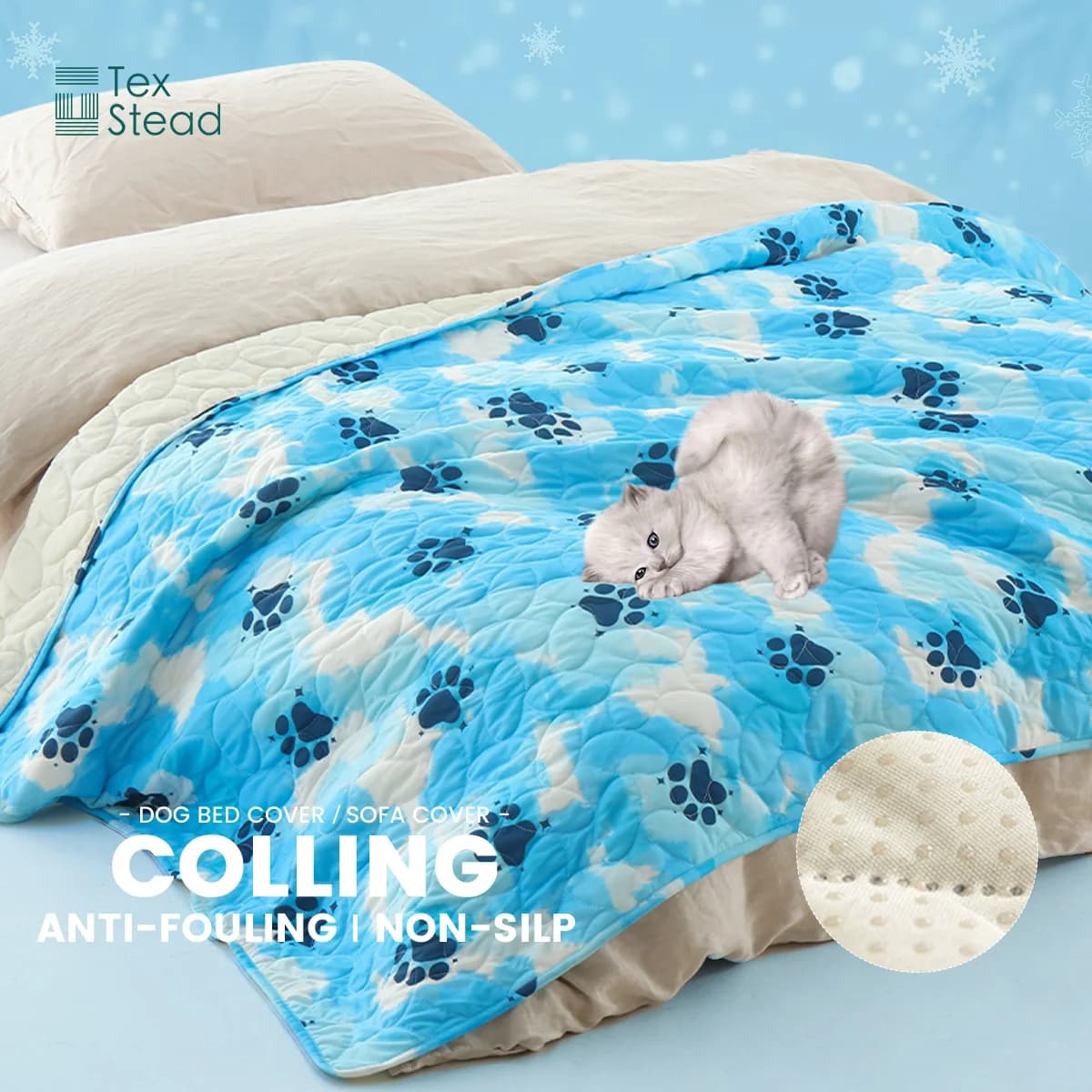 Tappetino Refrigerante TexStead Blu con Stampa Zampa per Cani e Gatti, Copriletto Traspirante Lavabile per Animali Domestici con Base Antiscivolo, Anti-Sporco Estivo