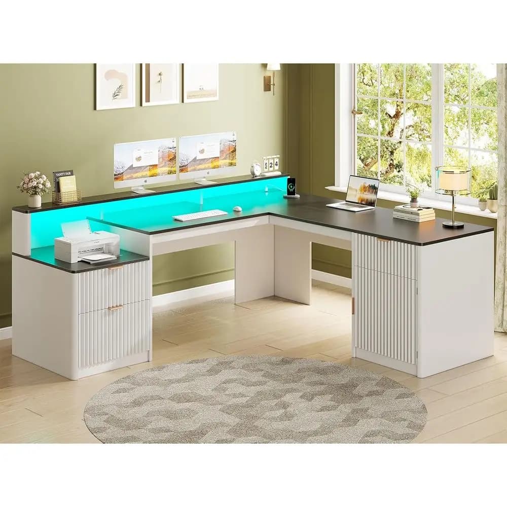 66 L-Shaped Desk with Drawers, Hutch, File Cabinet, Printer Shelf, Wood Executive Desk with Monitor Stand, LED Lights, Power Out