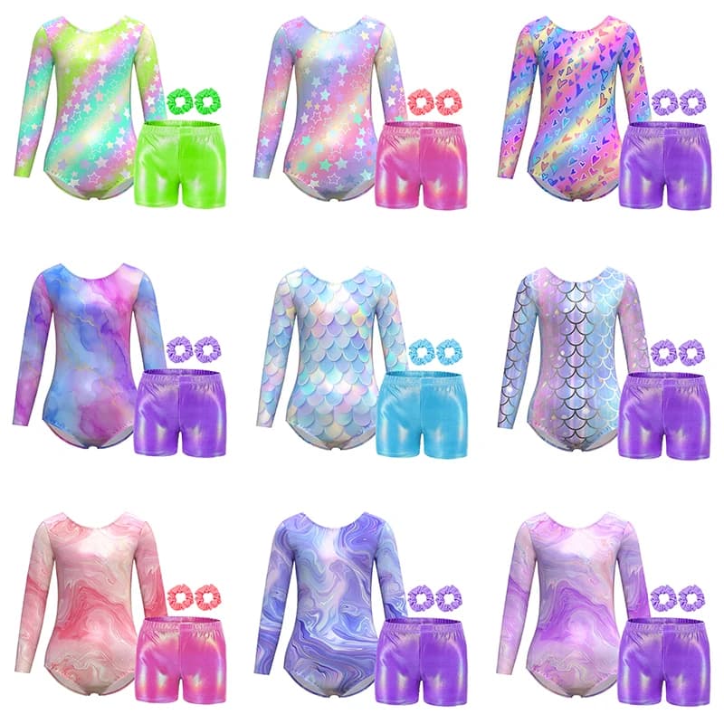 Body da ginnastica per ragazze Body lucidi a maniche lunghe in 4 pezzi con pantaloncini e fascia per capelli per bambini Completi sportivi che cadono