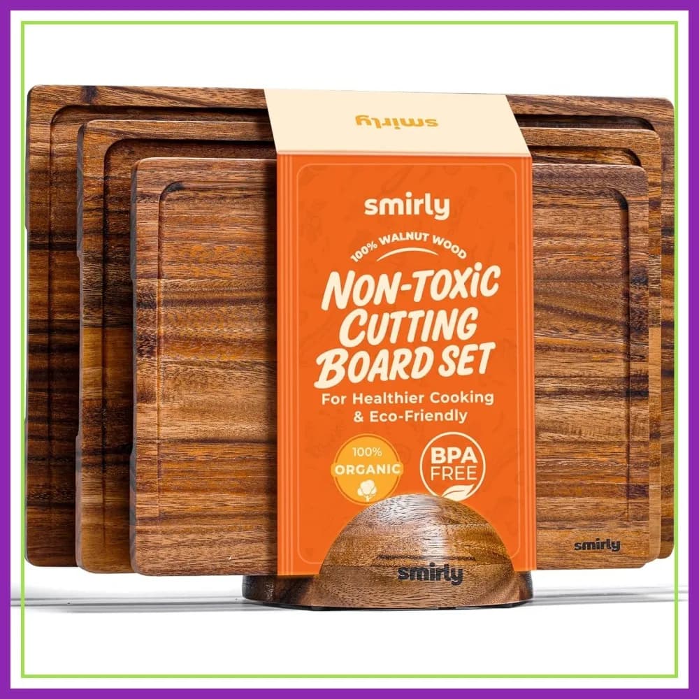 Set di 3 Taglieri in Noce con Manico e Scanalatura per Succhi - Taglieri in Legno Non Tossico per Cucina, Servizio e Salumi
