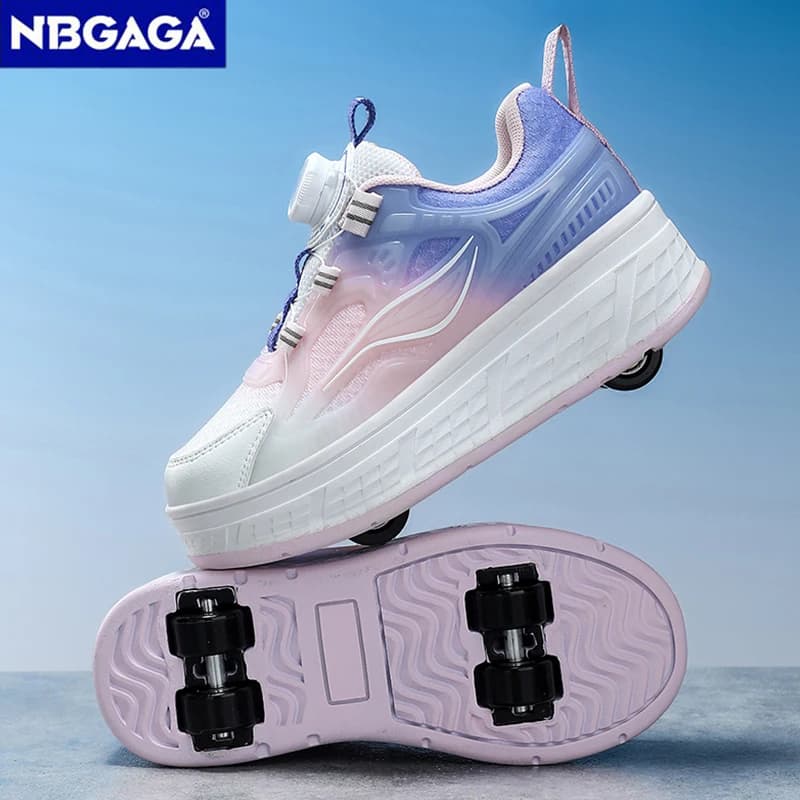 Four Wheel Kids Skating Shoes with Rotating Bottoni Design, Breathable Stroller Shoes for Boys and Teenagers