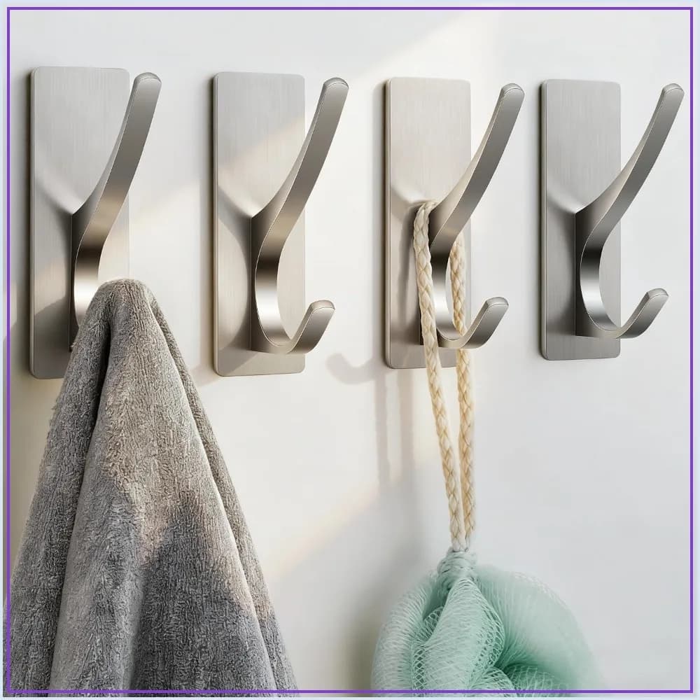 Self Adhesive Towel Hooks: Extra Strong 13LB, Stainless Hook for Hanging Loofah, Towels, Coat, Bath Robe, Bathroom Shower, Brushed Nickel, 4 Pack