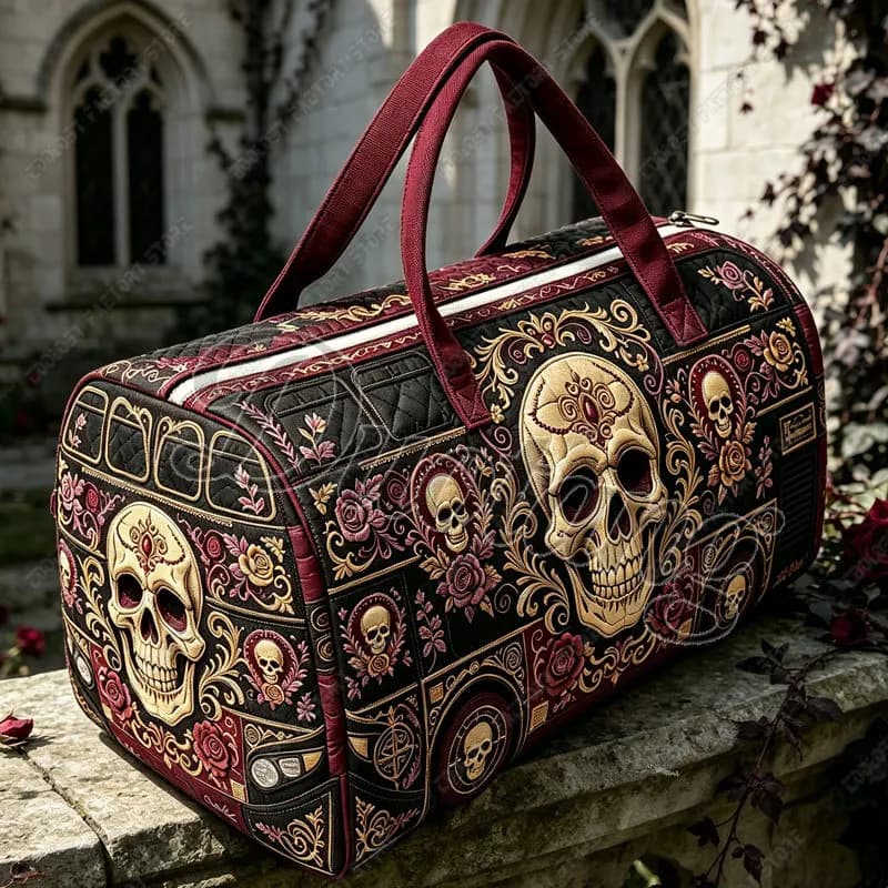 Retro Skeleton Vintage Bus-Shaped Print Handbag for Travel 2D Flat Quilted Skull Women Duffle Totes Shoulder Bags Shoes Holder