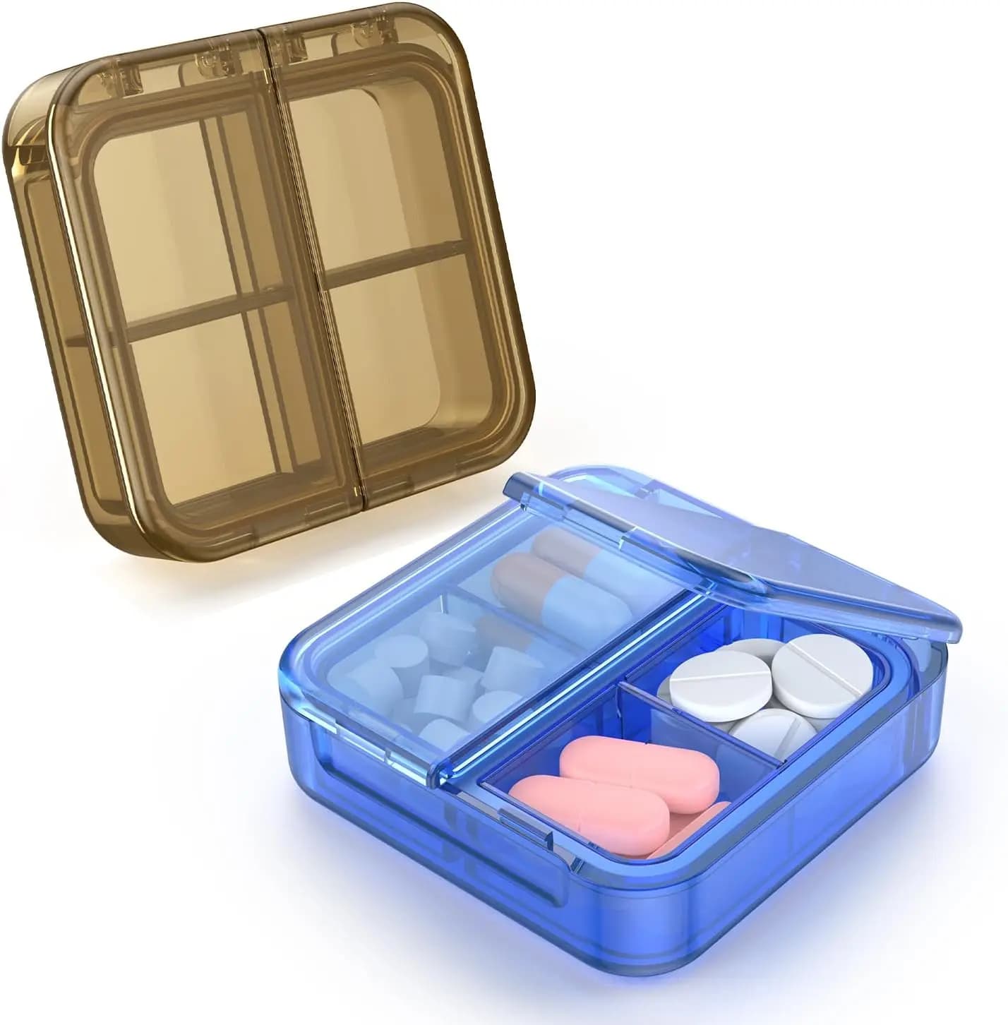 Mini Portapillole da Viaggio a 4 Scomparti, Contenitore Portatile per Vitamine e Integratori, Blu+Nero