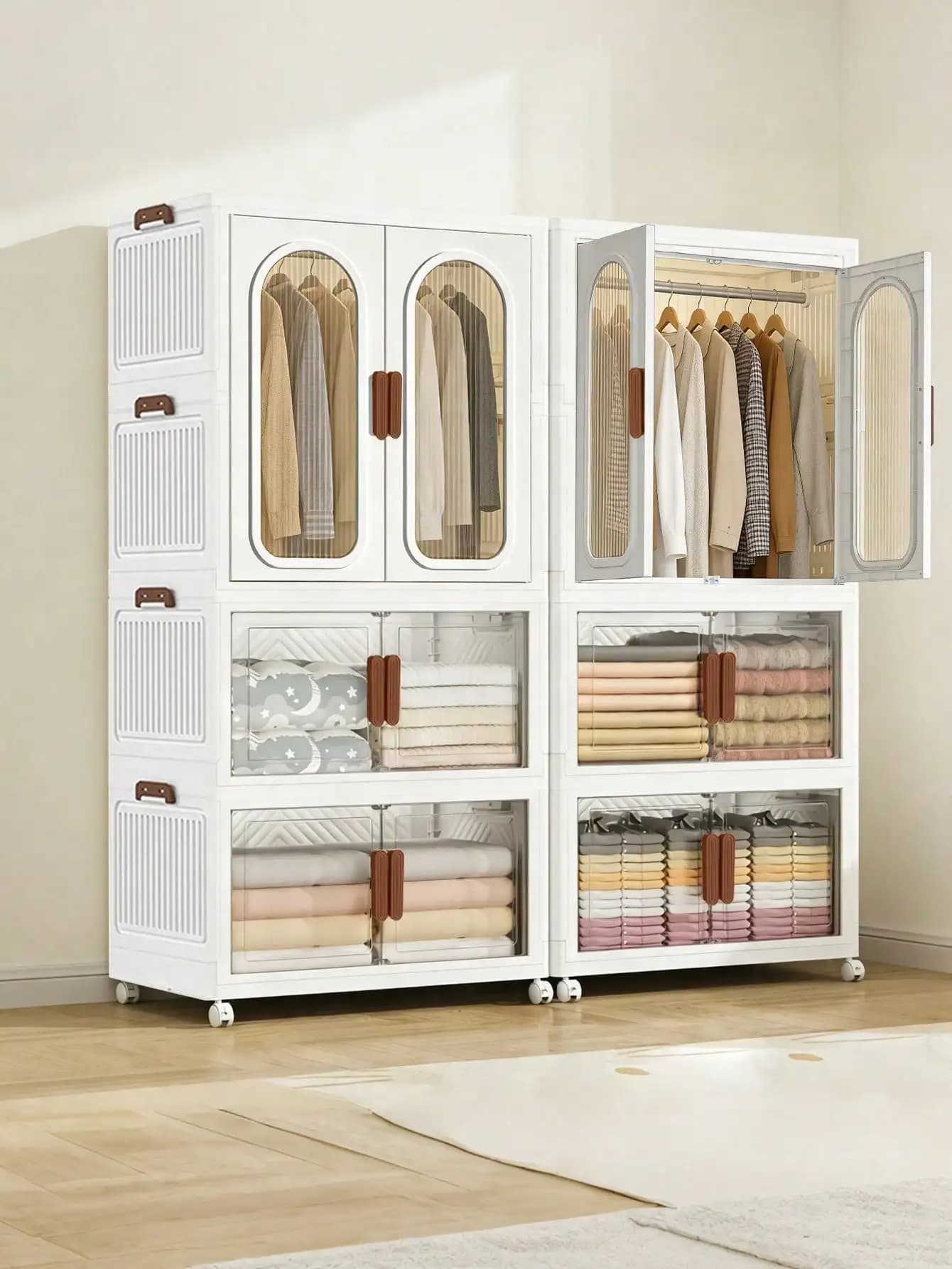 70cm 27.55 Inch Large Foldable Wardrobe Storage Box White Plastic Stackable Storage Bins With Wheels Clear Front Doors Collapsible Hanging Clothing Cabinet For Bedroom Closet Storage Gift
