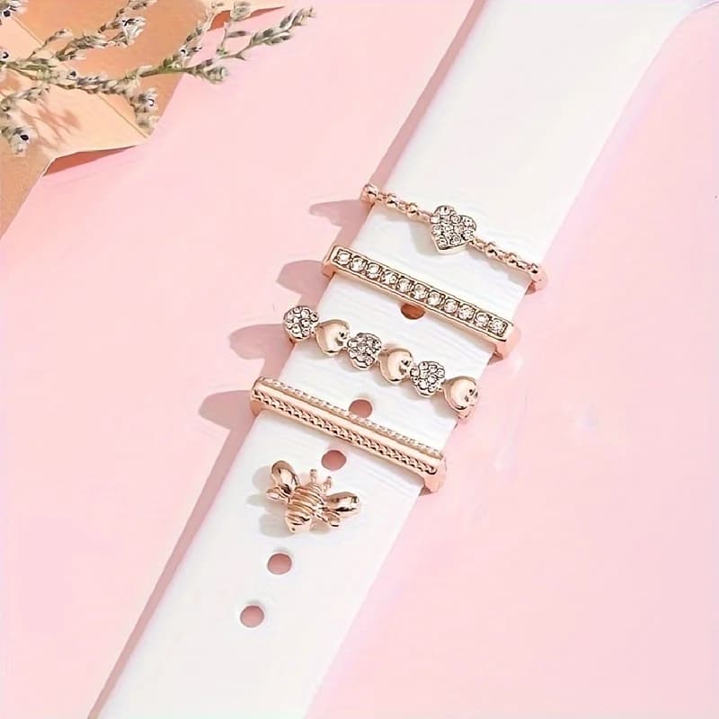 Borchie per chiodi con anelli per cinturini in strass da 5 pezzi, graziose decorazioni per ciondoli per cinturini per orologi in metallo compatibili con la serie IWatch Watchb