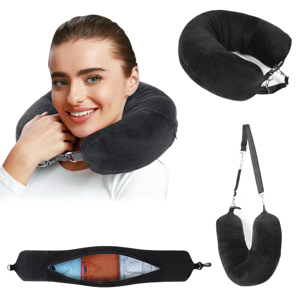 Cuscino da Viaggio per il Collo Riempibile con Vestiti, Federa a U, Borsa Extra per il Trasporto, Copricuscino in Velluto per Viaggi in Aereo