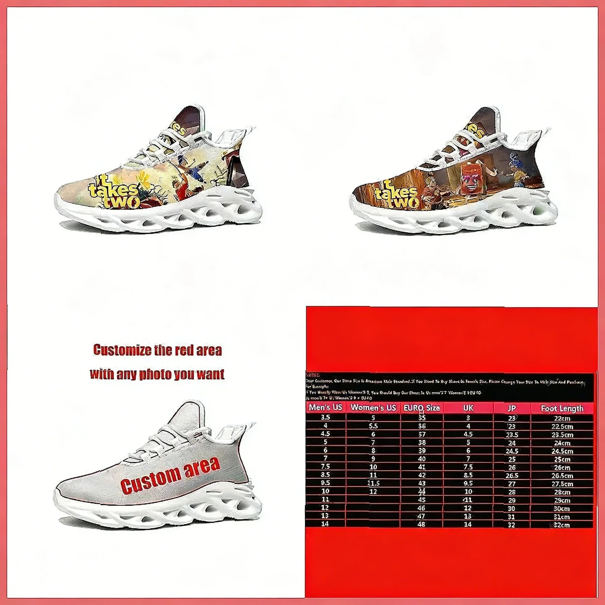 Sneakers Personalizzate 'It Takes Two', Scarpe Sportive da Corsa con Motivi Cartoon per Uomo e Donna, Moda con Lacci