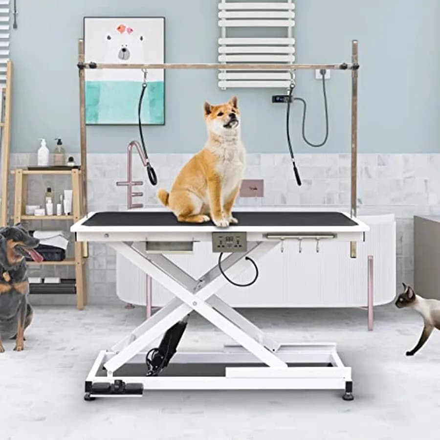 Tavolo da Toelettatura Elettrico per Cani e Gatti 49.6, Regolabile in Altezza, Resistente, con Morsetti per Braccio Superiore e Due Anelli di Toelettatura