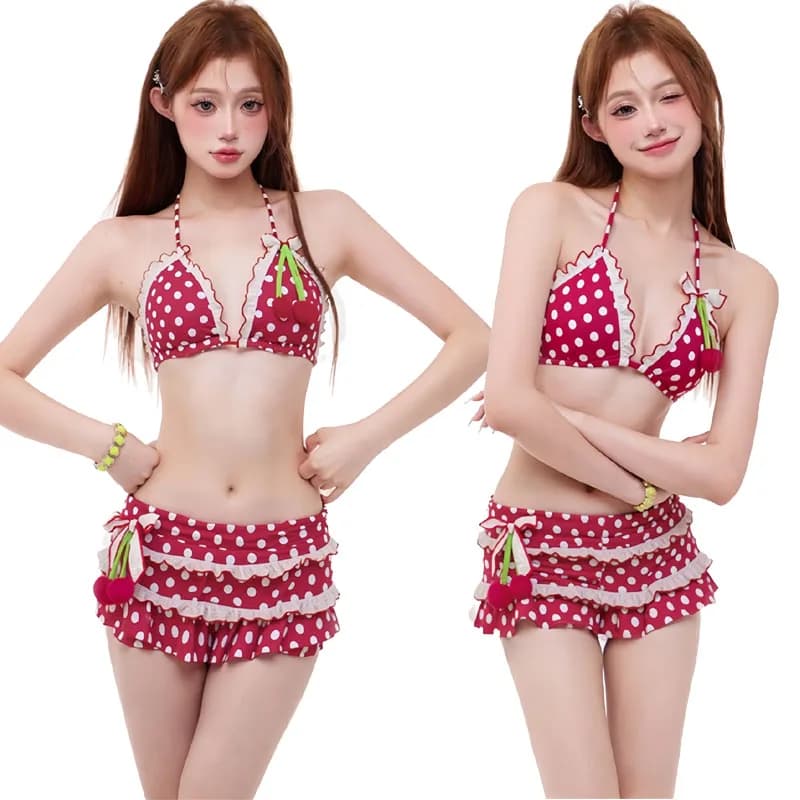 Lolita Cute Dots Ruffles Patchwork Holiday Beach Set da 2 pezzi Donna Lace Up Halter Reggiseno Top + Pantaloncini Costume da bagno estivo Costumi da bagno