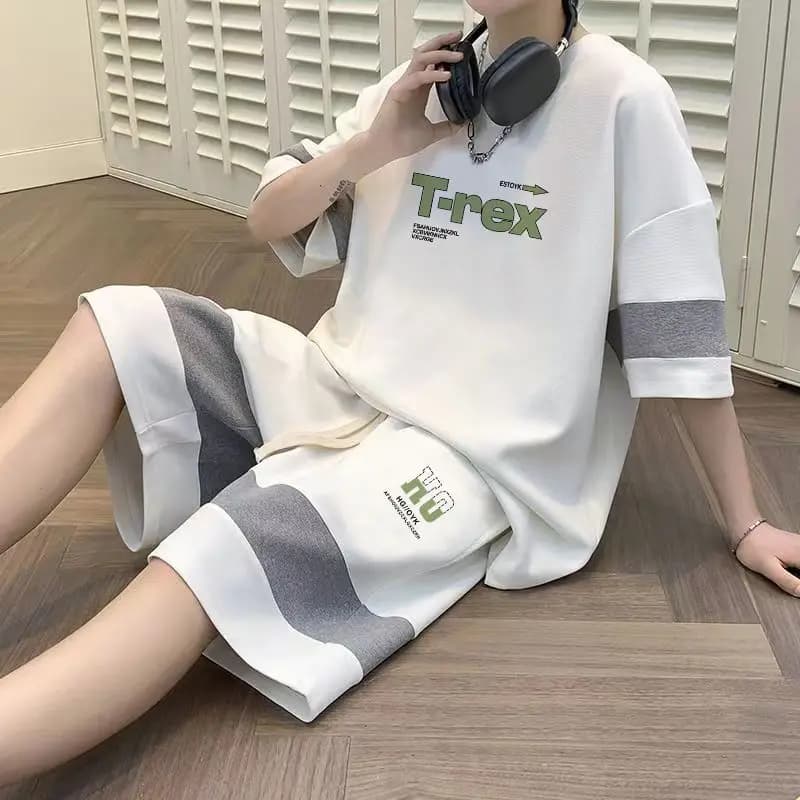 Men Waffle Color Block Tracksuit Letter Print Loose Short Sleeve T Shirt Casual Shorts Two Piece Summer Outfit S 3XL