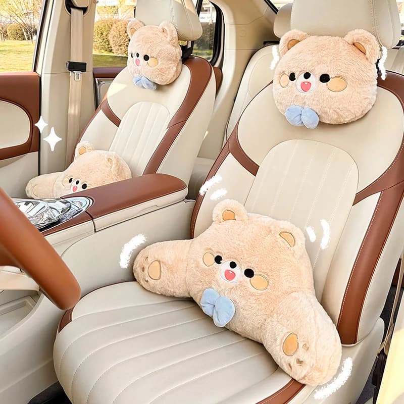 Cute Plush Bear Car Headrest Pillow Waist Support Cushion Soft Fluffy Auto Neck Rest Back Lumbar Pillow Vehicle Interior Decor