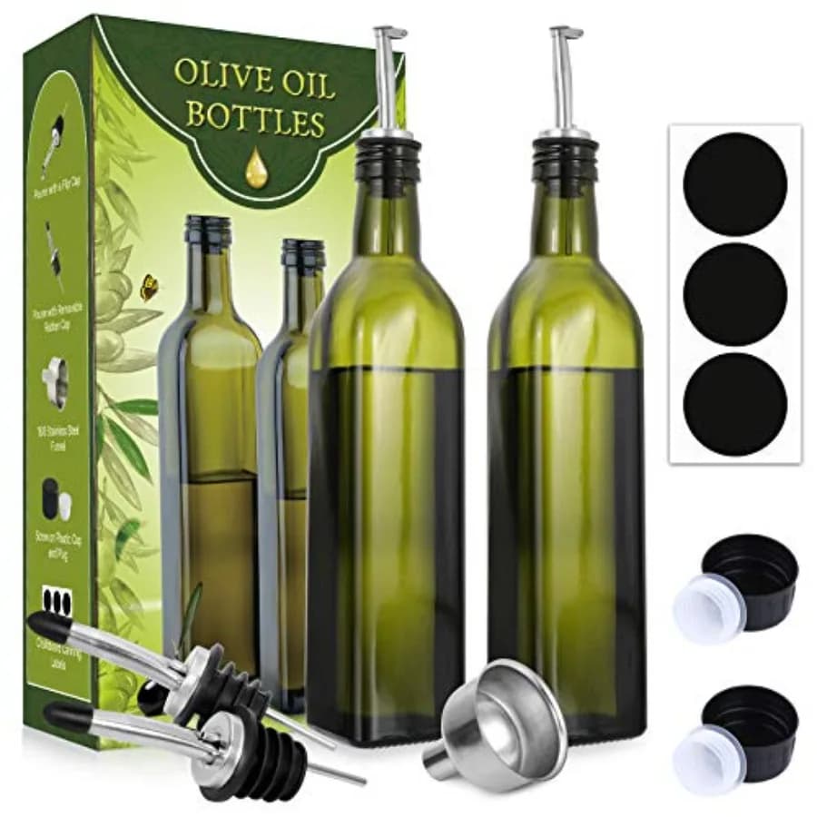 Set di 2 Bottiglie Dispenser per Olio d'Oliva in Vetro da 500ml - Bottiglie Verde Scuro per Olio e Aceto con Beccucci Versatori, Imbuto e Tappo