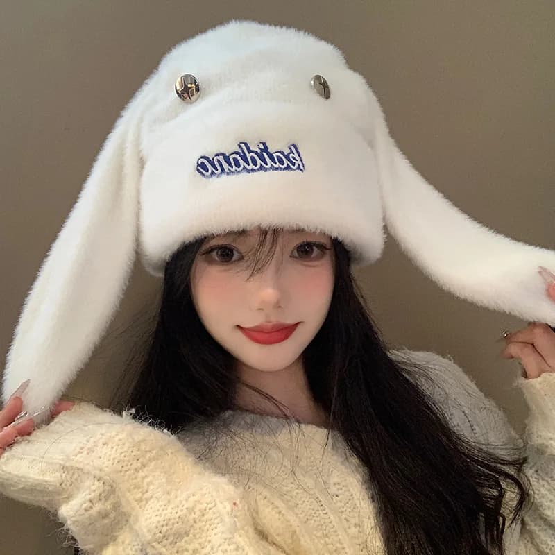 Cute Little Rabbit Ears Toe in White Plush Cold Hat Woman Autumn and Winter Ear Protection Hat Hot Fleece Gift H1