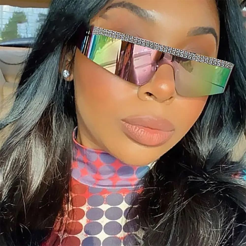 Trendy Futuristic Hip Hop Diamond Shades One Piece Goggles Wrap Around Sunglasses Visor Eyewear Y2K Sunglasses