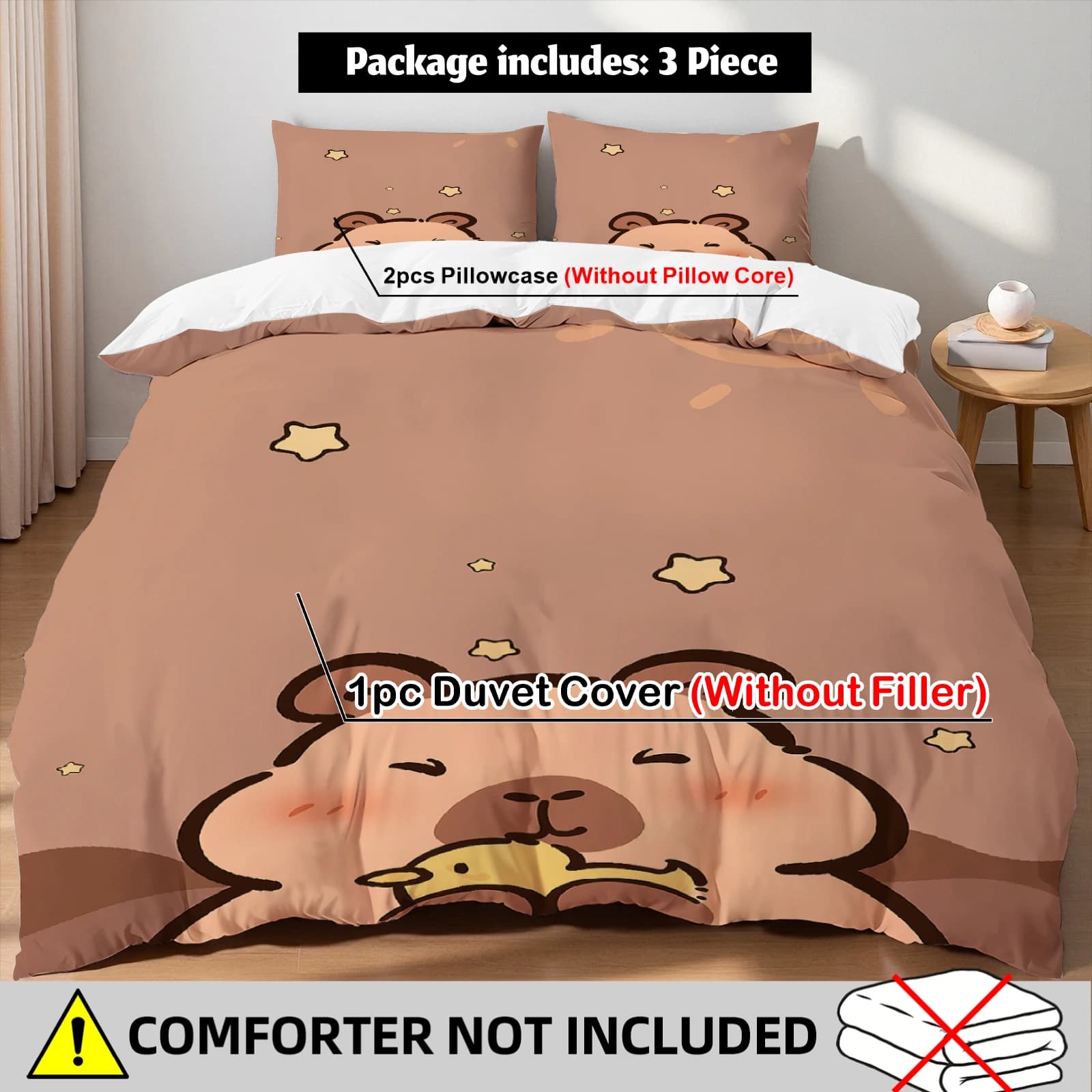 Set di biancheria da letto Kawaii Capybara, set copripiumino Starry Cozy con federe per gli amanti dei capibara, decorazione per la camera da letto, misura Twin Queen King