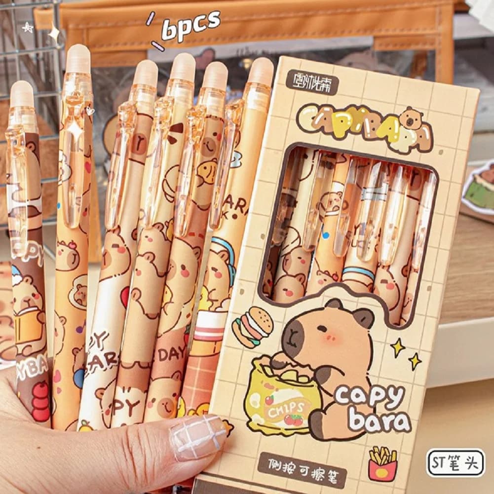 6PCS Carino Capybara Penne Gel Set Kawaii Animale Del Fumetto Capibara Penne 0.5mm Inchiostro Blu Penna Gel Cancellabile per Materiale Scolastico Per Ufficio