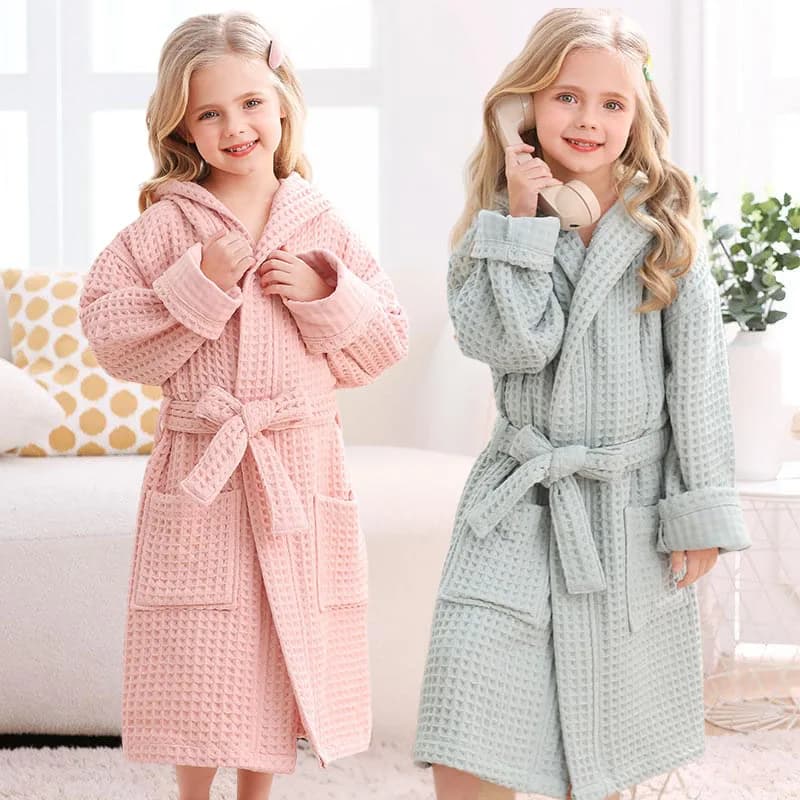 Accappatoio per bambini in cotone con cappuccio, morbido, assorbente, ad asciugatura rapida, con cintura e grande tasca, solido abbigliamento per la casa per il nuoto autunnale e invernale