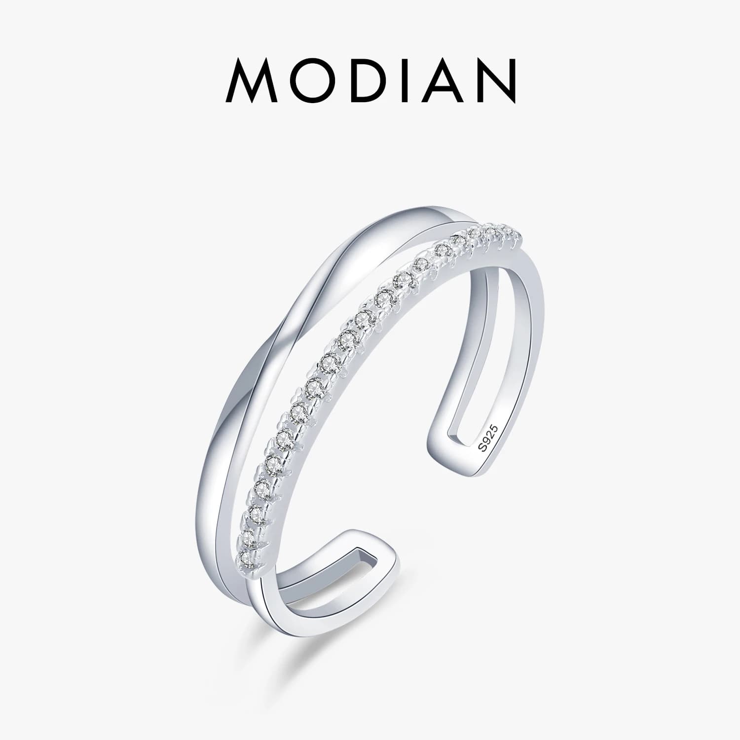 Anello di barretta con ciondolo CZ trasparente scintillante regolabile a doppio strato in argento Sterling 925 Modian per gioielli da fidanzamento per matrimonio da donna