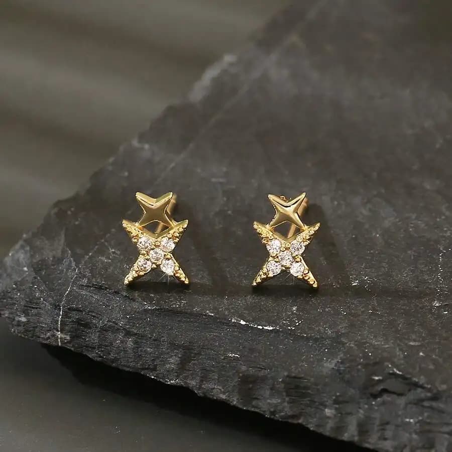 Orecchini a doppia stella con accenti in cristallo, gioielli alla moda placcati in oro per donna