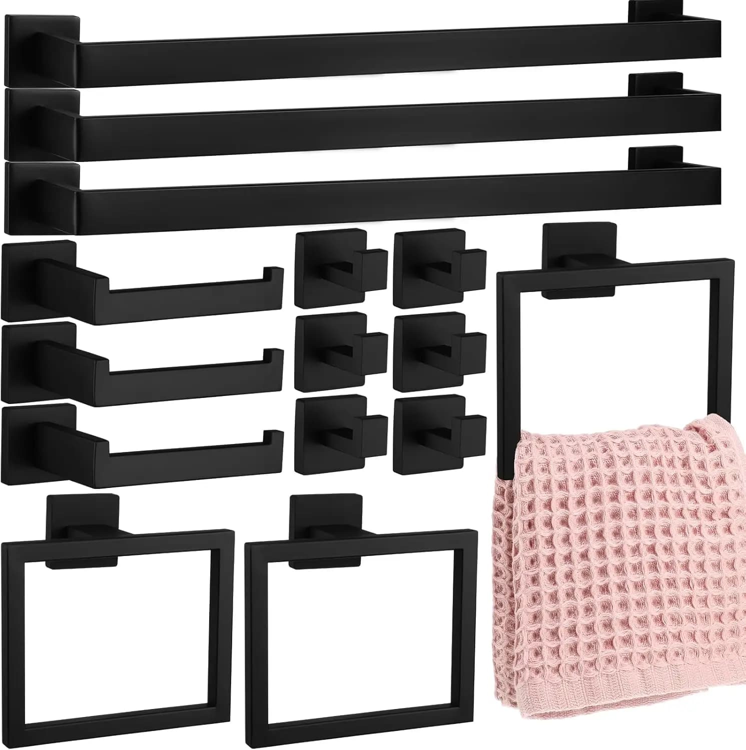 Set di 15 Accessori per Bagno in Acciaio Inox Nero con Portasciugamani, Ganci e Porta Carta Igienica da Parete