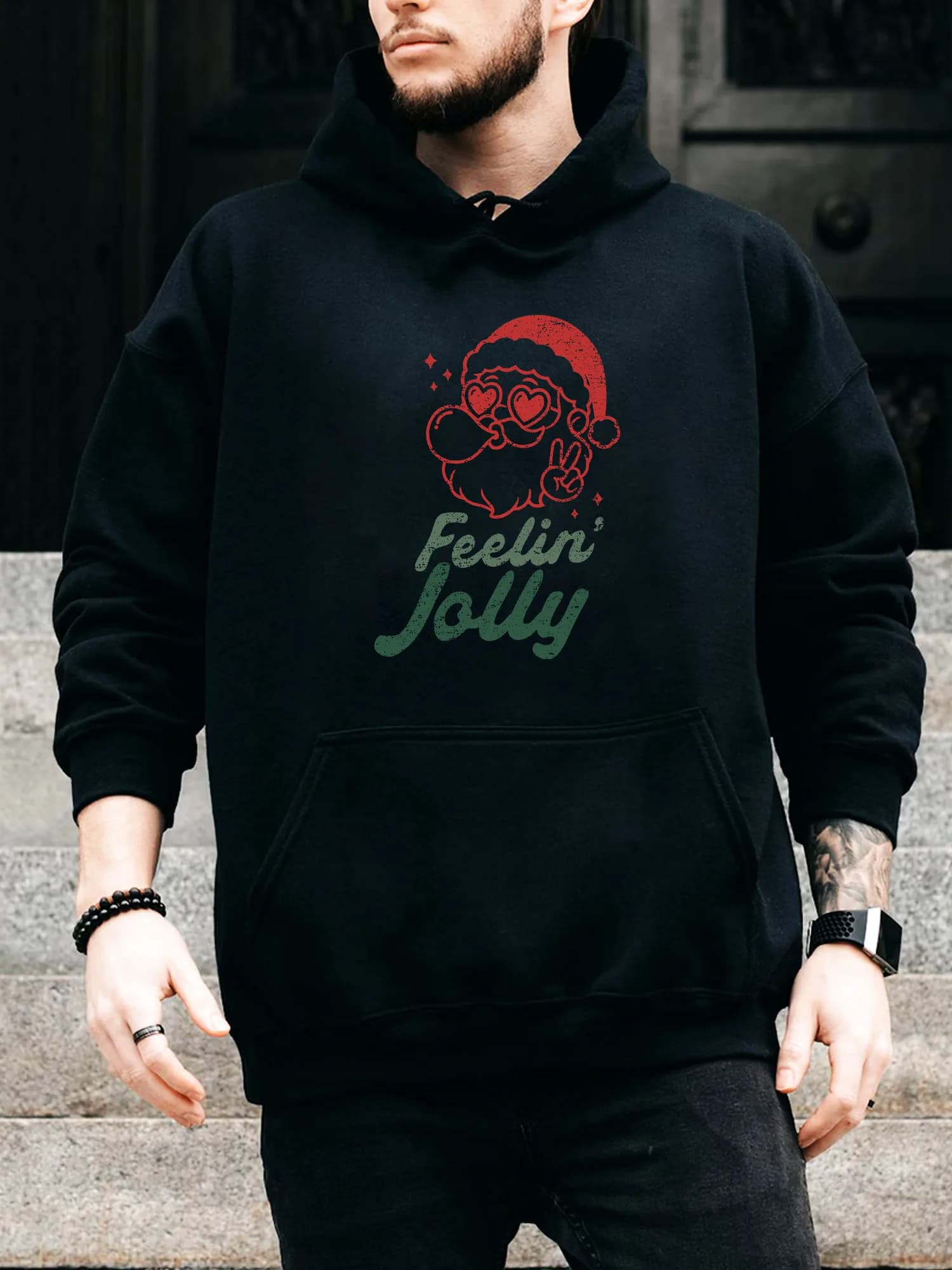 Felpa con cappuccio da uomo con coulisse Distressed Feelin Jolly - Pullover nero casual e confortevole, felpa con cappuccio autunno e inverno