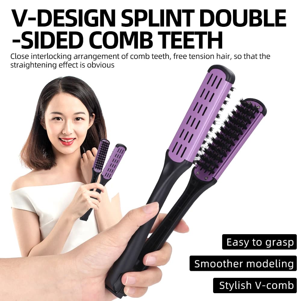 Pettine per piastra per capelli a doppia faccia e spazzola per lo styling Strumento per lo styling in legno naturale 2 in 1 per capelli eleganti senza crespo da donna