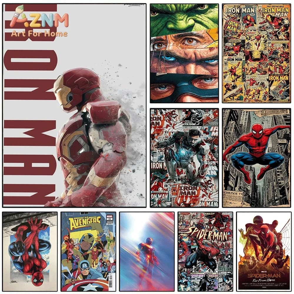 Iron Man Marvel Superhero Canvas Wall Art Spider‑Man Hulk Avengers Vintage Comic Collage Unframed Canvas Print for Boys Bedroom