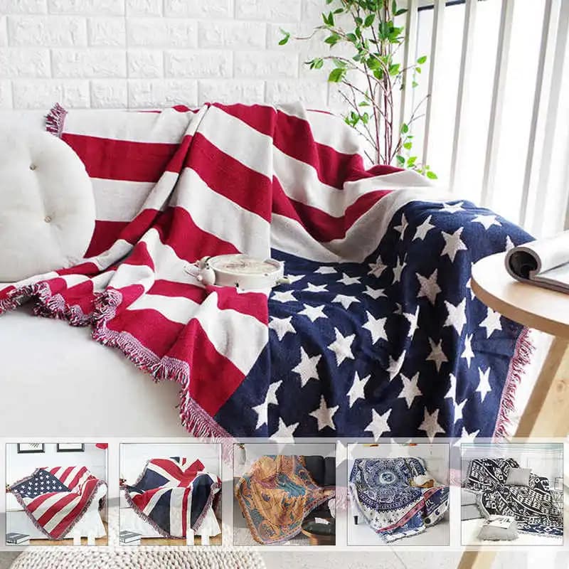 Coperta in Maglia 130x180cm con Design Bandiera USA, Plaid Caldo per Divano, Tappeto da Pavimento, Copritavolo per Casa, Viaggi, Hotel, Ufficio