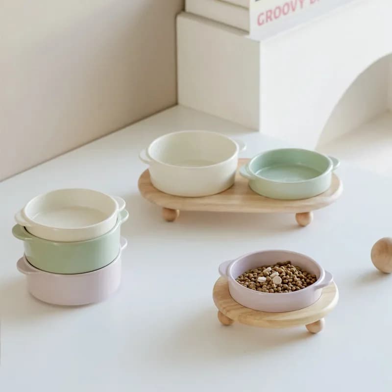 Cat Ceramic Bowl Pet Dining-table Small Height Adjustable Dogs Food Water Feeders Elevated Double Bowls Set with Wooden Stand