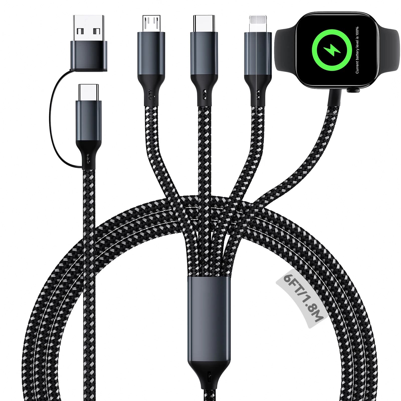 (nero) Cavo di ricarica per orologio e telefono 4 in 2, per caricabatterie Apple Watch Cavo di ricarica multiplo USB A/Tipo C, cavo intrecciato in nylon
