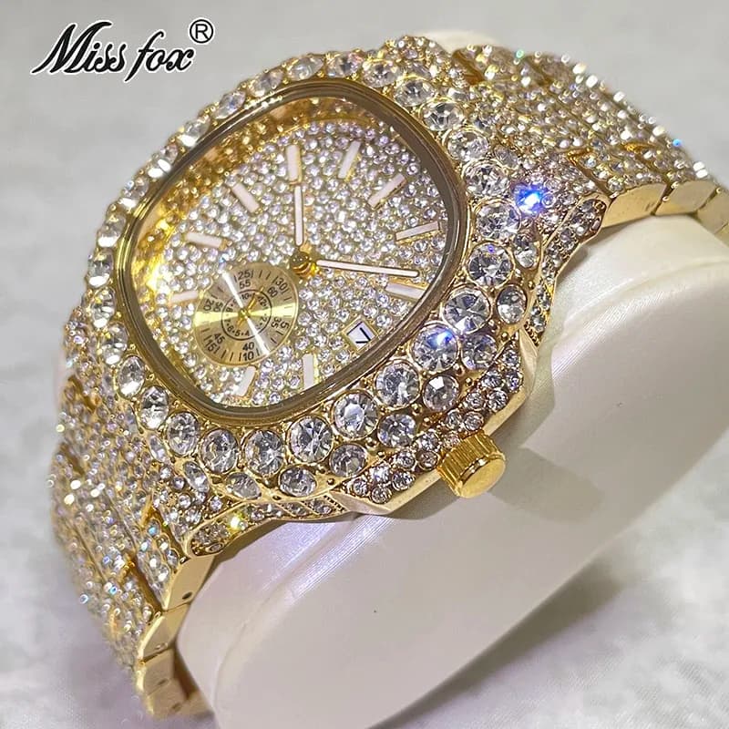 Hip Hop Marca MISSFOX Moda Iced Out Orologi da uomo Luxury Full Diamond Orologio automatico con data in oro 18 carati Orologio impermeabile in acciaio da uomo