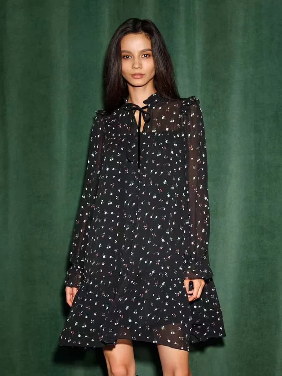 Floral Print Chiffon Dress with Bubble Sleeves And Lace Collar Tied Waist A-Line Skirt Long Sleeve V-Neck Summer Women's Dress